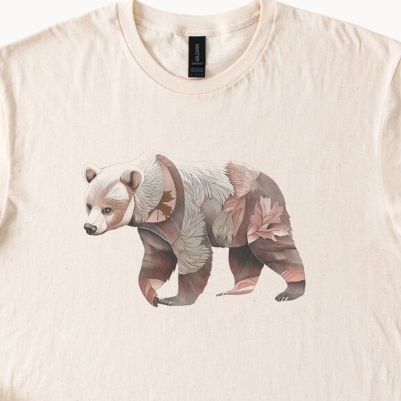 Bear Graphic Shirt Earth Tone Forest Animal Leaf Art Boho Style Fall Shirt - Picture 2 of 6